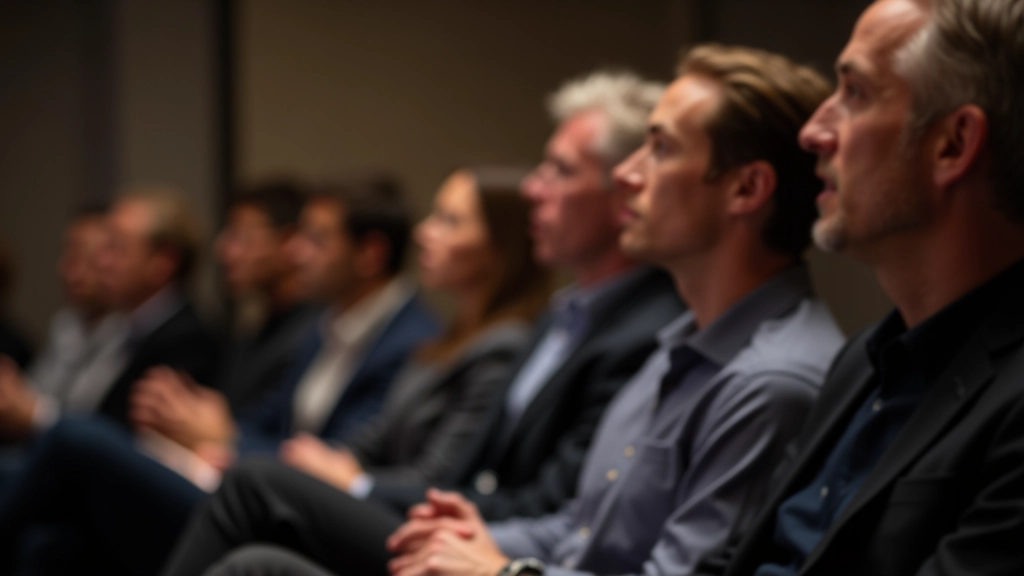 Audience members leaning forward in seats, engaged and attentive during presentation with visible interest on their faces