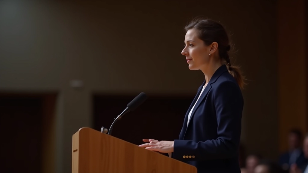 Professional speaker at podium demonstrating proper posture and breathing for vocal projection during conference presentation