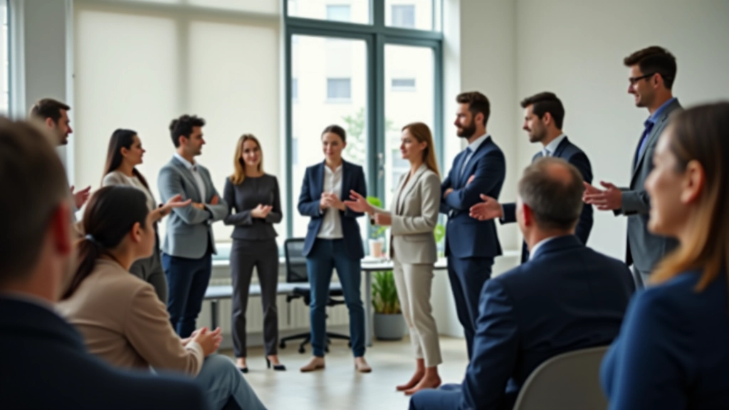 Diverse group of professionals in training session practicing presentation techniques together in bright studio space