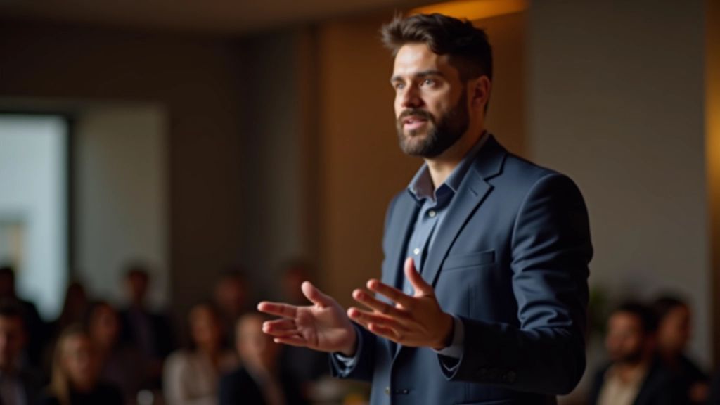 Presenter using open hand gestures while speaking to audience, demonstrating confident body language