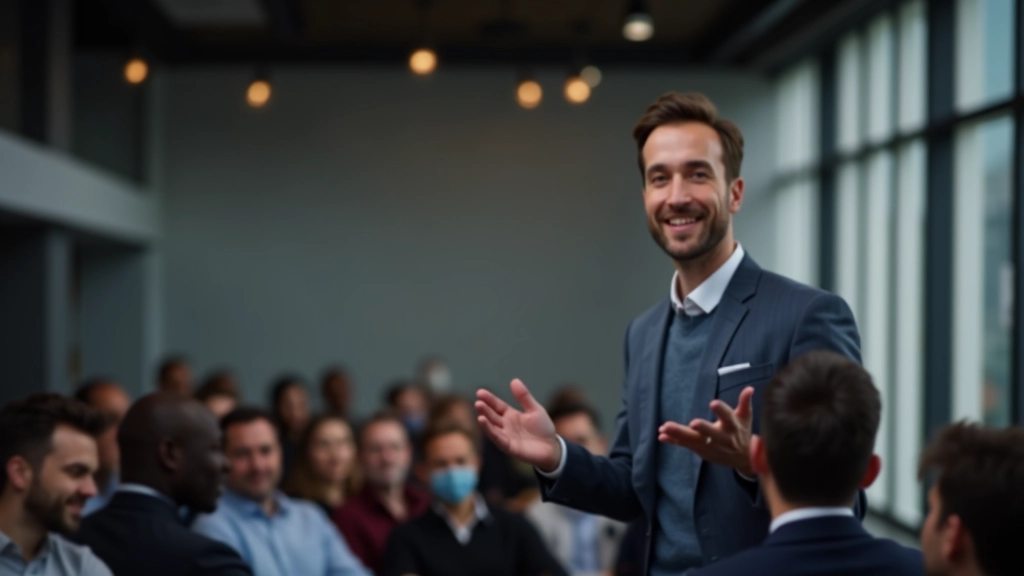 Male speaker presenting to audience with confident posture and hand gestures, engaged eye contact, modern presentation setting with professional lighting