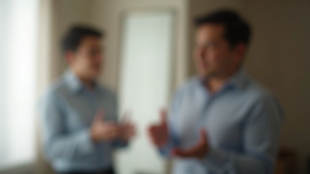 Person practicing presentation in front of mirror in bedroom, watching own reflection while speaking with hand gestures