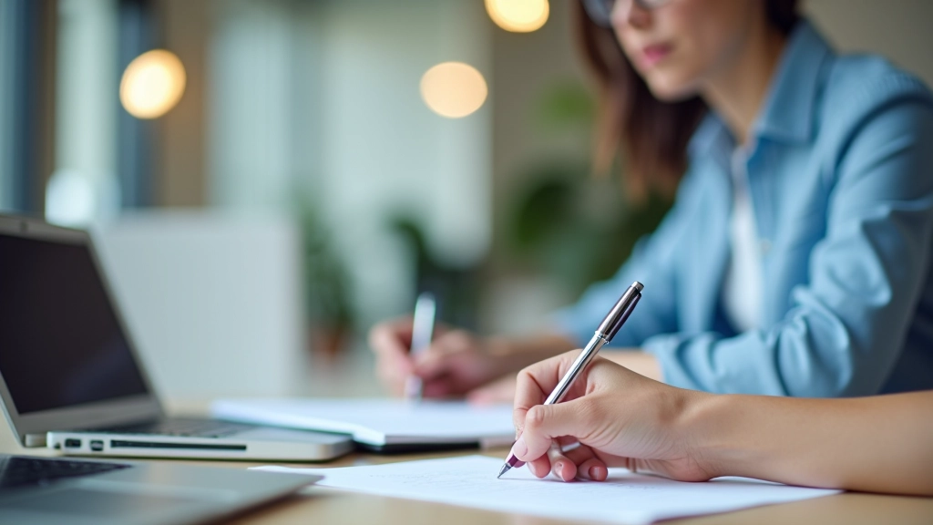 Person taking notes while reviewing presentation structure outline on laptop screen in modern workspace