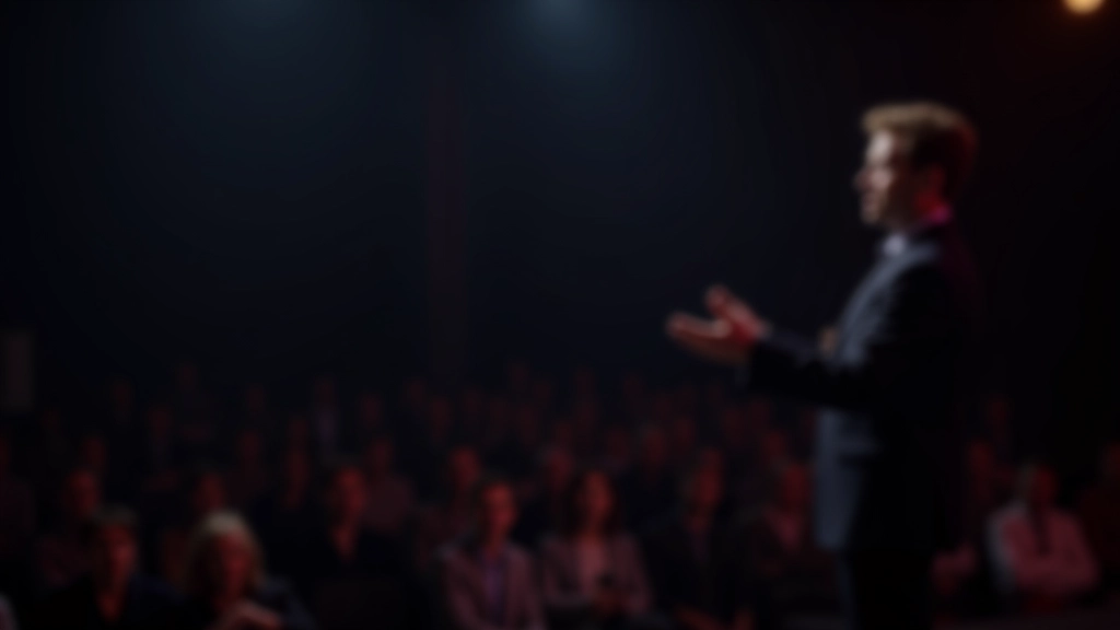 Confident presenter on stage with audience in background demonstrating powerful body language and vocal presence