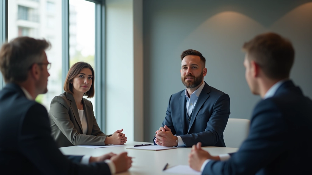 Small group of people in meeting room, focused on speaker at front of table, professional setting with good lighting and attentive body language