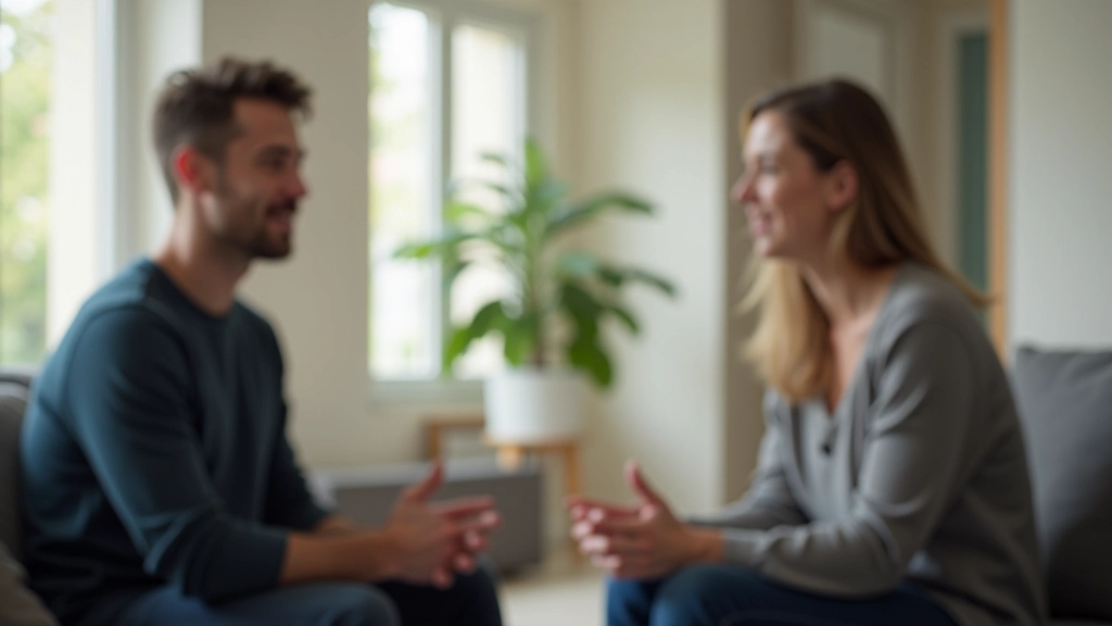 Two people in conversation, one sitting listening attentively while the other speaks, casual living room setting with natural lighting