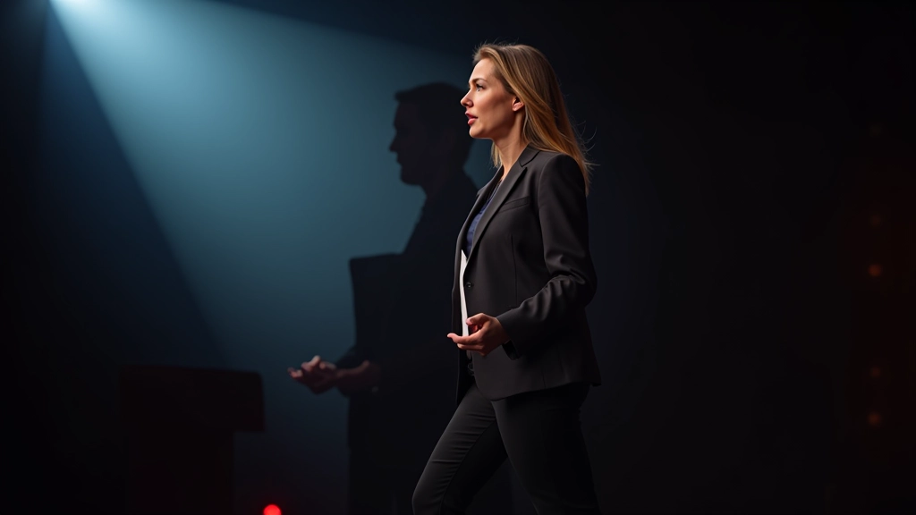 Female presenter walking purposefully across stage with confident stride and engaged posture while presenting to audience