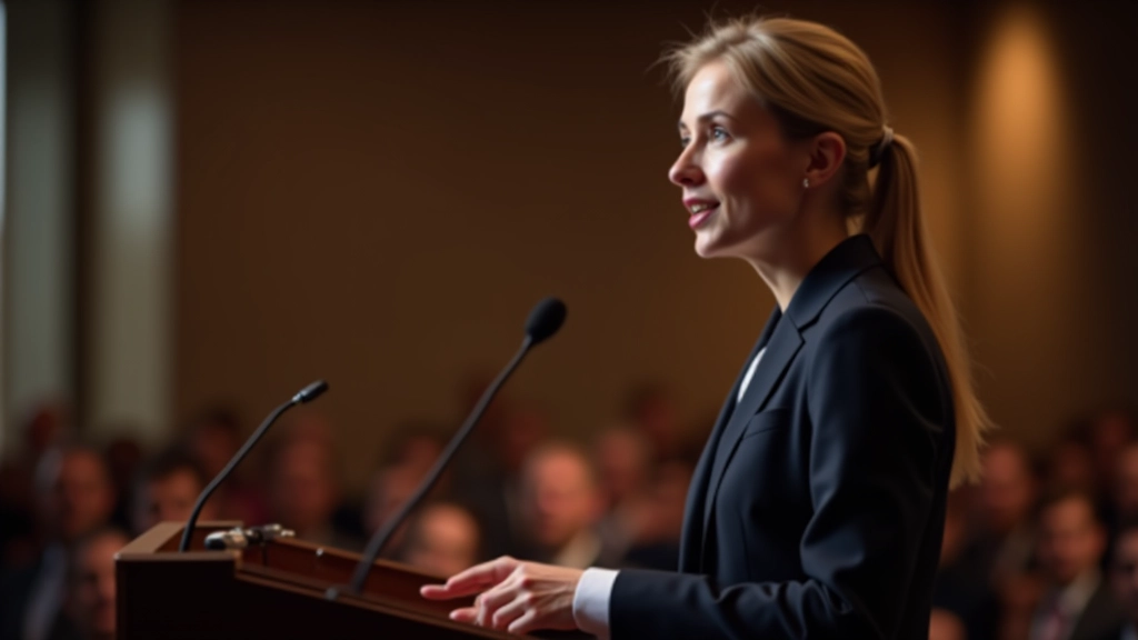 Woman speaking confidently in professional setting with audience in background, demonstrating relaxed body language and engagement