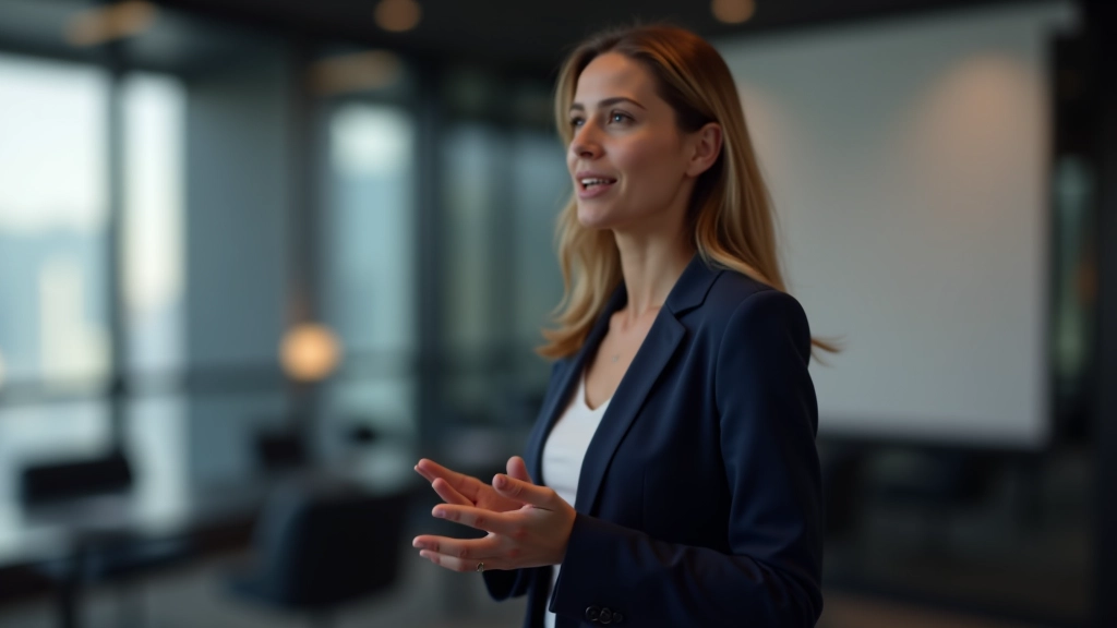 Professional woman standing with confident posture during presentation, using purposeful hand gestures to emphasize speaking points