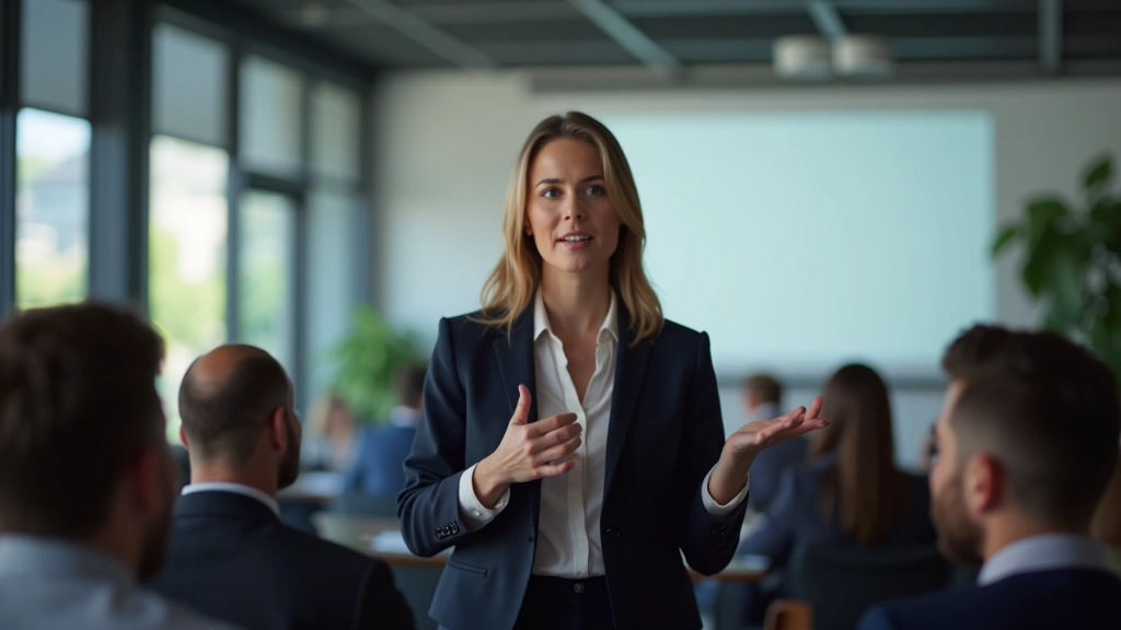 Professional woman presenting to an audience with confidence