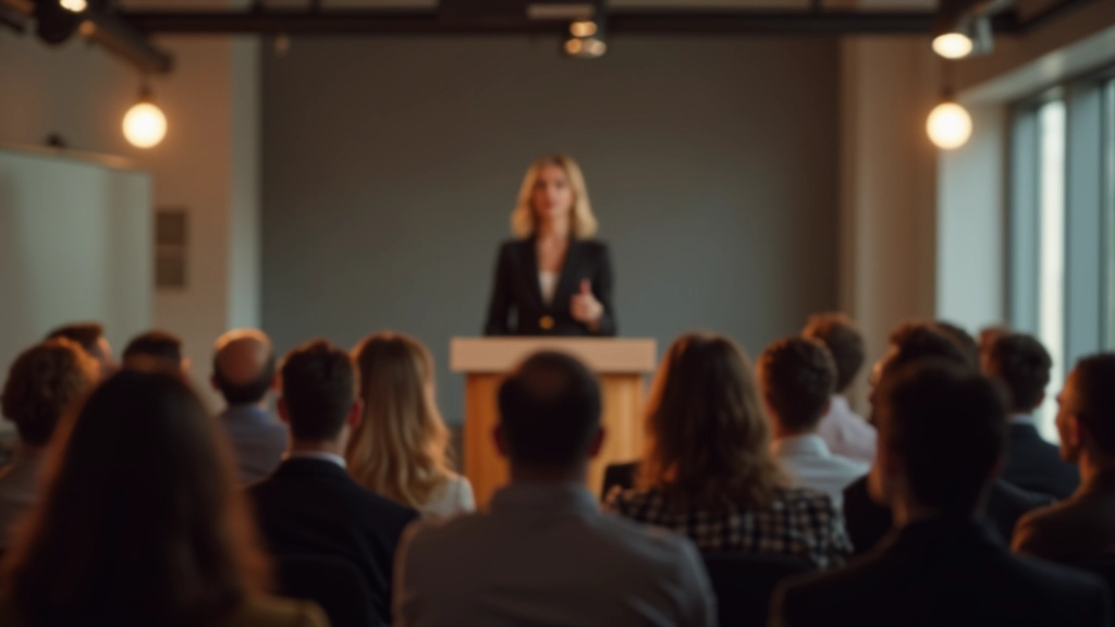 Professional woman delivering presentation to an engaged audience in modern conference room setting